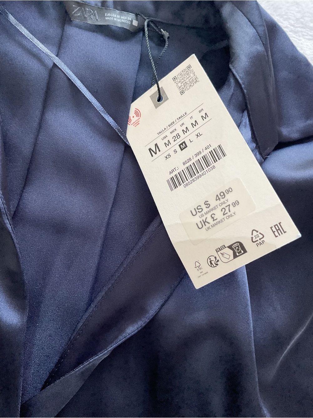 ZARA Satin Navy Blouse Size M Belted Button Front Top NWT Chic Elegant - Picture 7 of 9